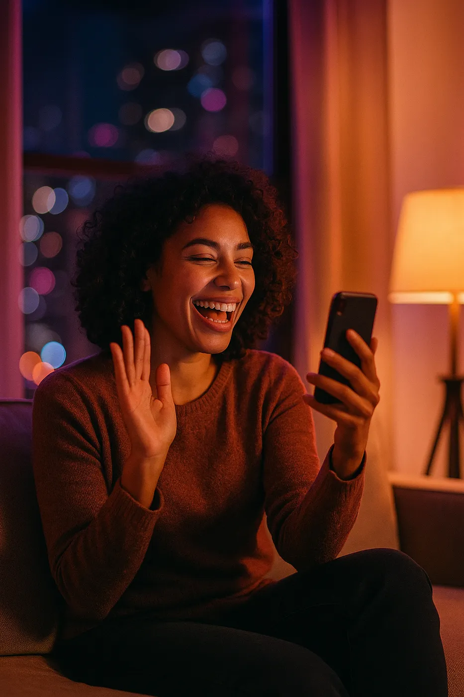 A woman laughing during a video date